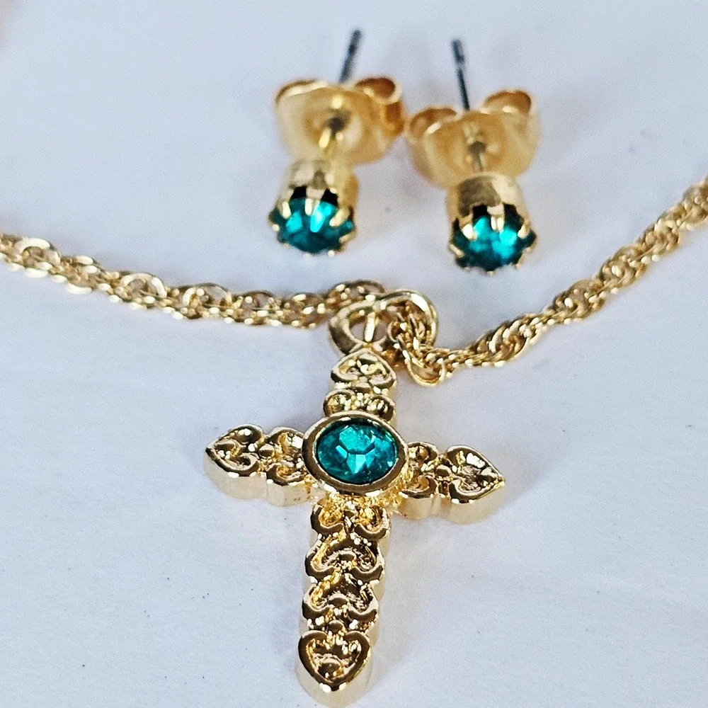Vintage 1994 Avon Kids‎ Cross Necklace Earring Set Blue Zircon Birthstone Gold
